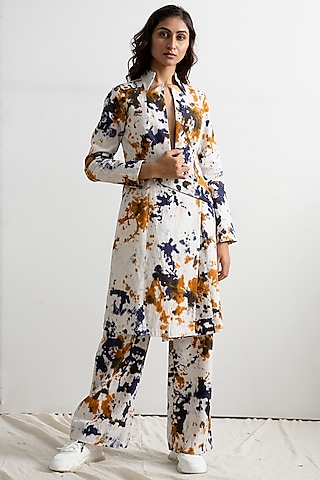 Cream & Blue Tie-Dye Long Jacket Set by Bohame