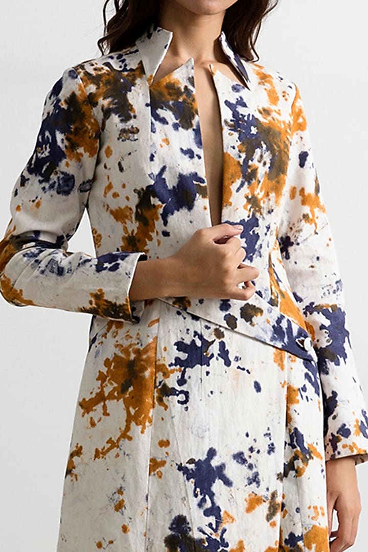 Cream & Blue Tie-Dye Long Jacket Set by Bohame at Pernia's Pop Up Shop