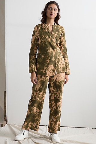 Beige & Green Tie-Dye Jacket Set by Bohame
