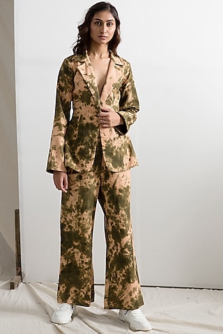 Beige & Green Tie-Dye Jacket Set In Linen by Bohame