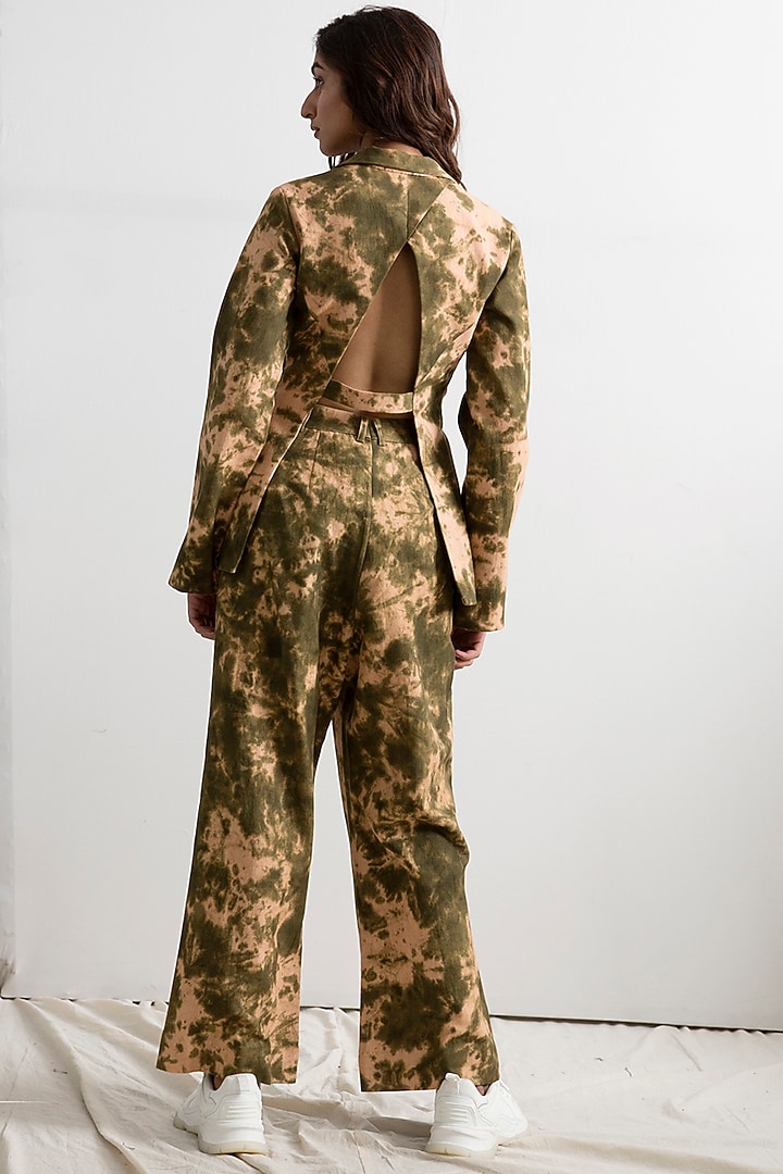 Beige & Green Tie-Dye Jacket Set In Linen by Bohame at Pernia's Pop Up Shop