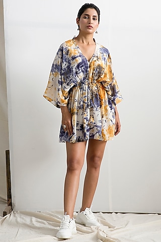 Cream & Blue Tie-Dye Kaftan Dress by Bohame