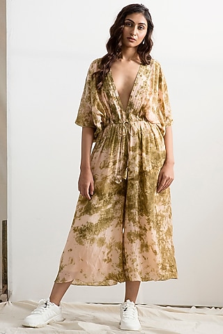 Beige & Green Tie-Dye Kaftan Jumpsuit by Bohame