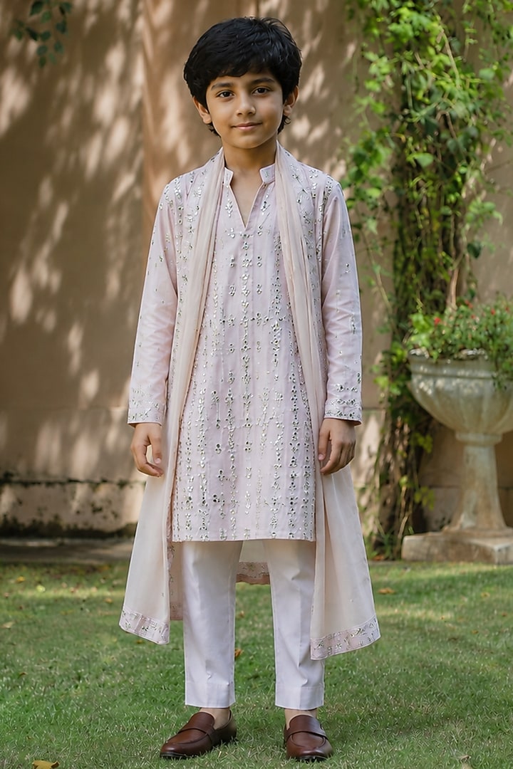 Light Pink Chanderi Kurta Set For Boys by Bohame Kids at Pernia's Pop Up Shop