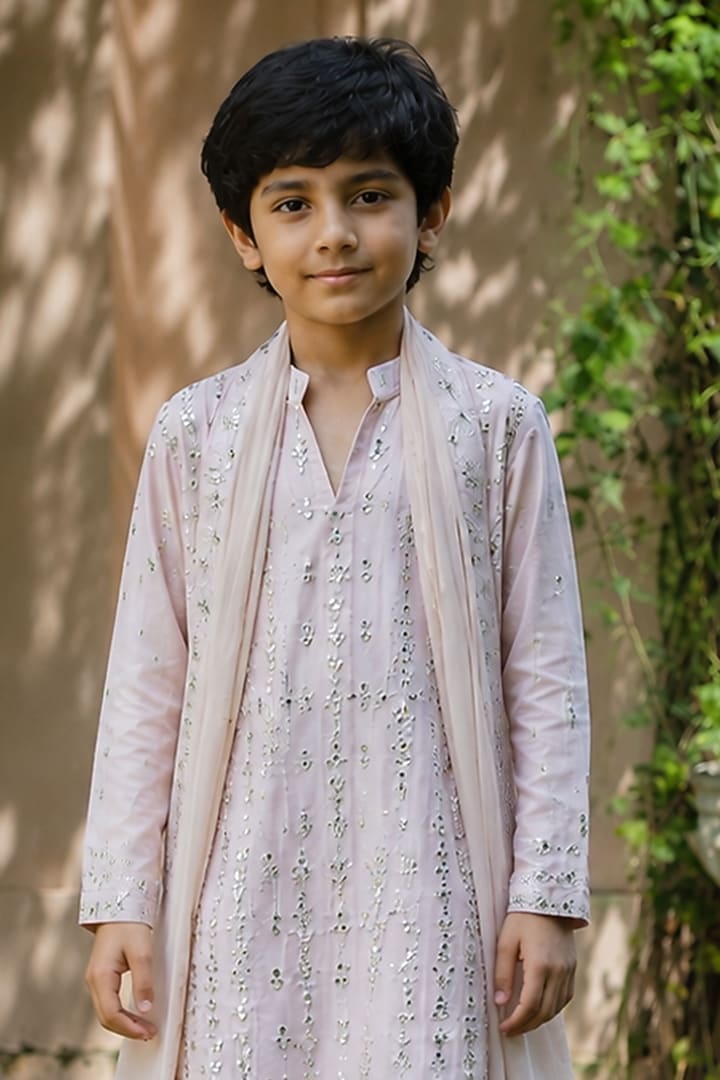 Light Pink Chanderi Kurta Set For Boys by Bohame Kids at Pernia's Pop Up Shop