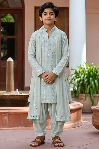 Mint Green Chanderi Kurta Set For Boys by Bohame Kids