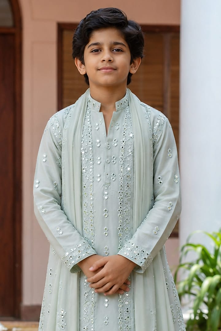 Mint Green Chanderi Kurta Set For Boys by Bohame Kids at Pernia's Pop Up Shop
