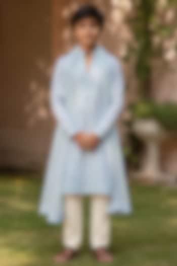 Light Blue Chanderi Kurta Set For Boys by Bohame Kids at Pernia's Pop Up Shop