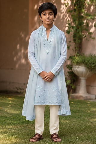 Light Blue Chanderi Kurta Set For Boys by Bohame Kids