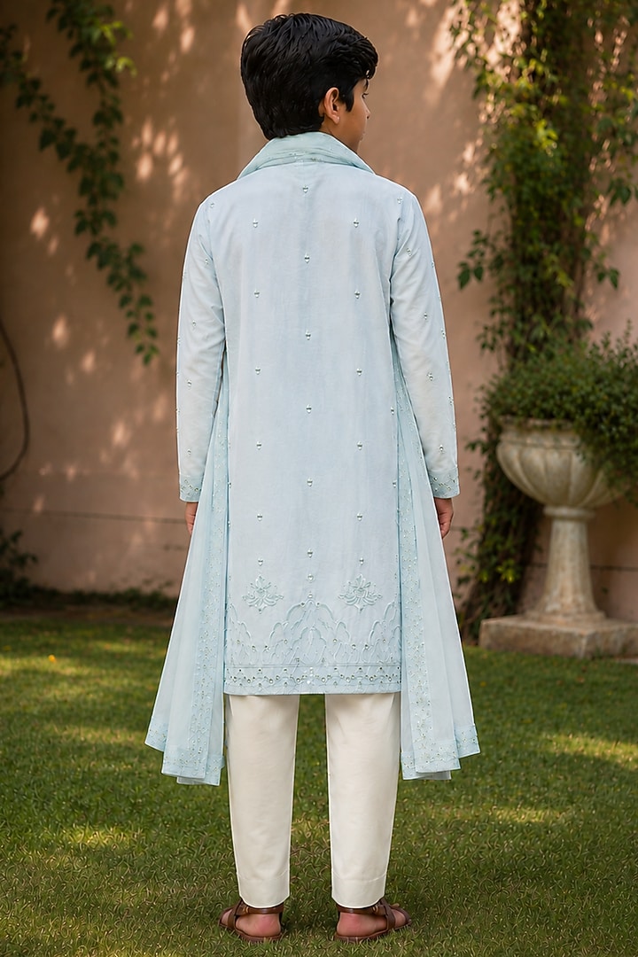 Light Blue Chanderi Kurta Set For Boys by Bohame Kids at Pernia's Pop Up Shop