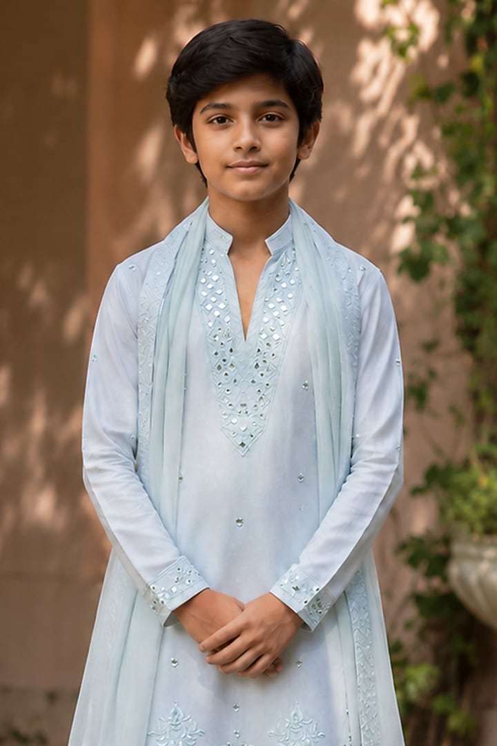 Light Blue Chanderi Kurta Set For Boys by Bohame Kids at Pernia's Pop Up Shop