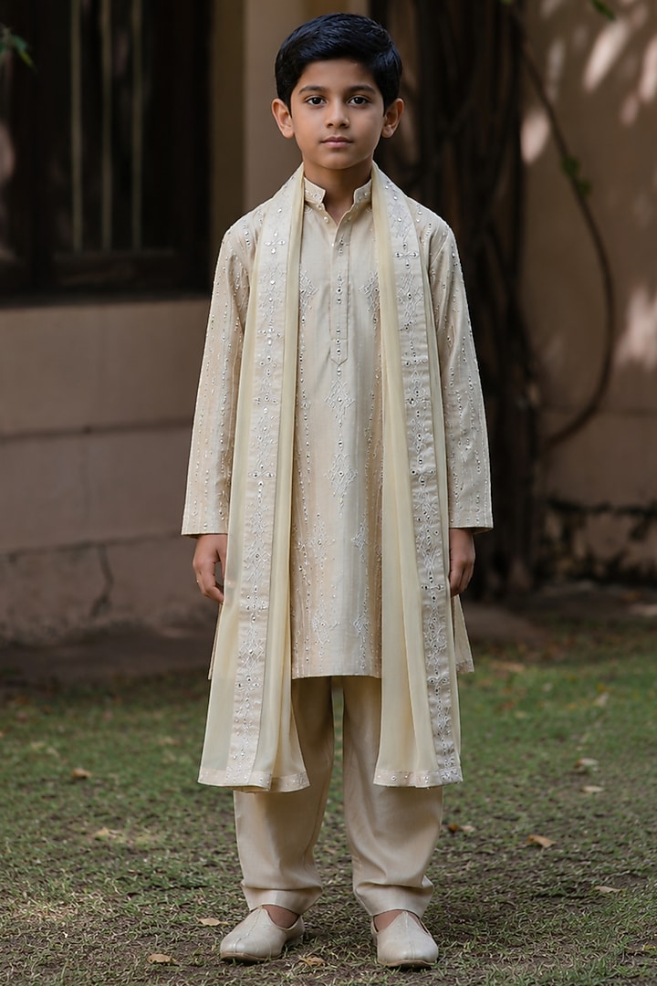 Gold Chanderi Kurta Set For Boys by Bohame Kids at Pernia's Pop Up Shop