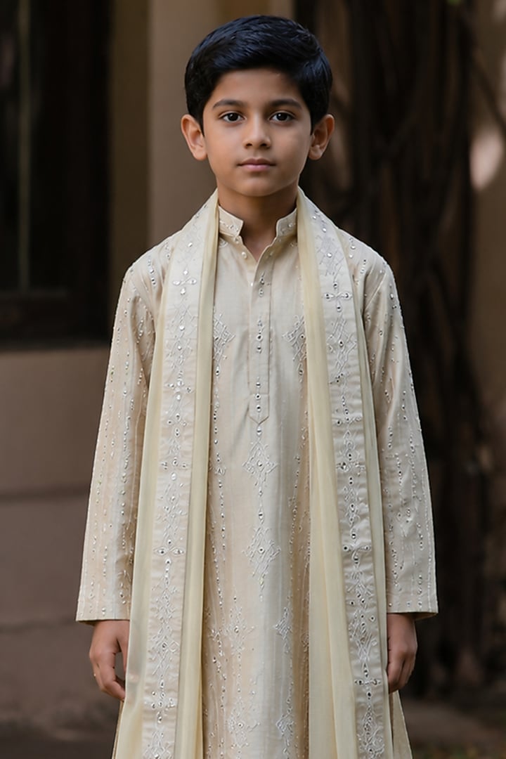 Gold Chanderi Kurta Set For Boys by Bohame Kids at Pernia's Pop Up Shop