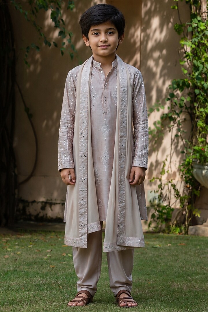 Champagne Chanderi Kurta Set For Boys by Bohame Kids at Pernia's Pop Up Shop