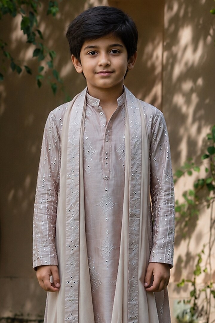 Champagne Chanderi Kurta Set For Boys by Bohame Kids at Pernia's Pop Up Shop