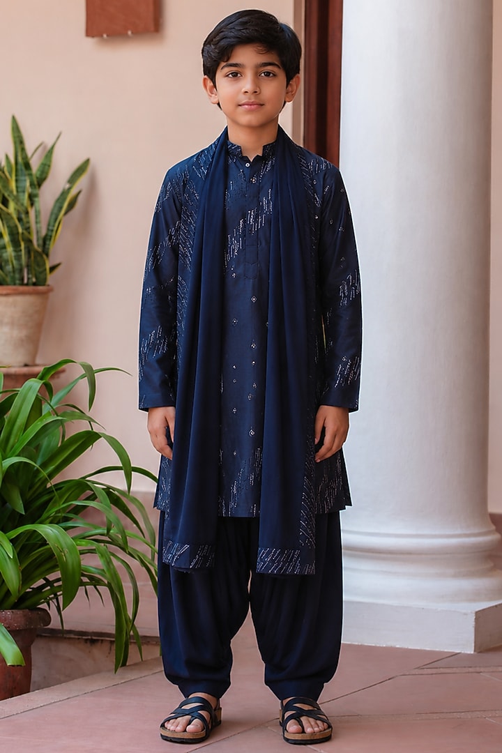 Navy Blue Chanderi Kurta Set For Boys by Bohame Kids at Pernia's Pop Up Shop