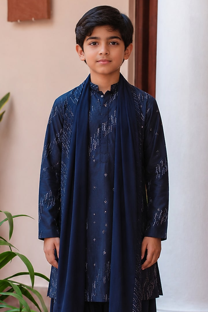 Navy Blue Chanderi Kurta Set For Boys by Bohame Kids at Pernia's Pop Up Shop