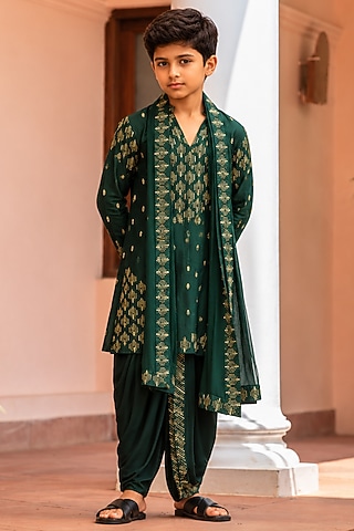 Bottle Green Chanderi Kurta Set For Boys by Bohame Kids
