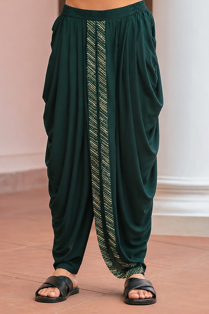 Bottle Green Chanderi Kurta Set For Boys by Bohame Kids at Pernia's Pop Up Shop