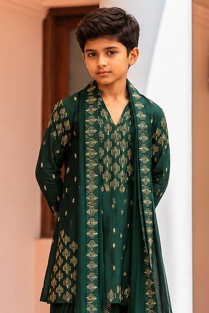 Bottle Green Chanderi Kurta Set For Boys by Bohame Kids at Pernia's Pop Up Shop