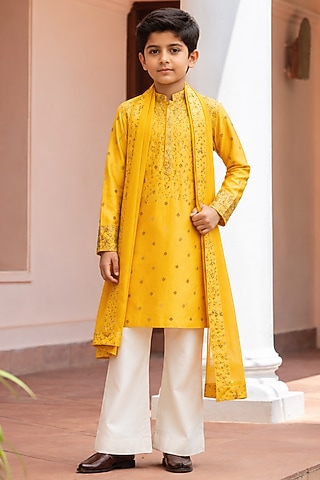Mustard Chanderi Kurta Set For Boys by Bohame Kids