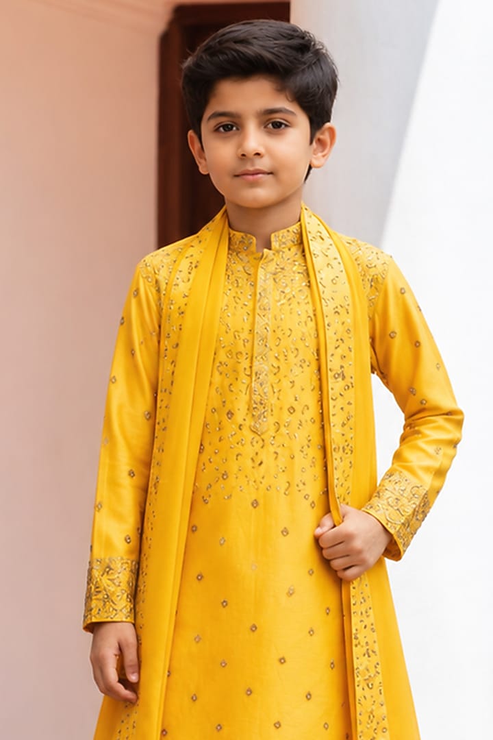 Mustard Chanderi Kurta Set For Boys by Bohame Kids at Pernia's Pop Up Shop