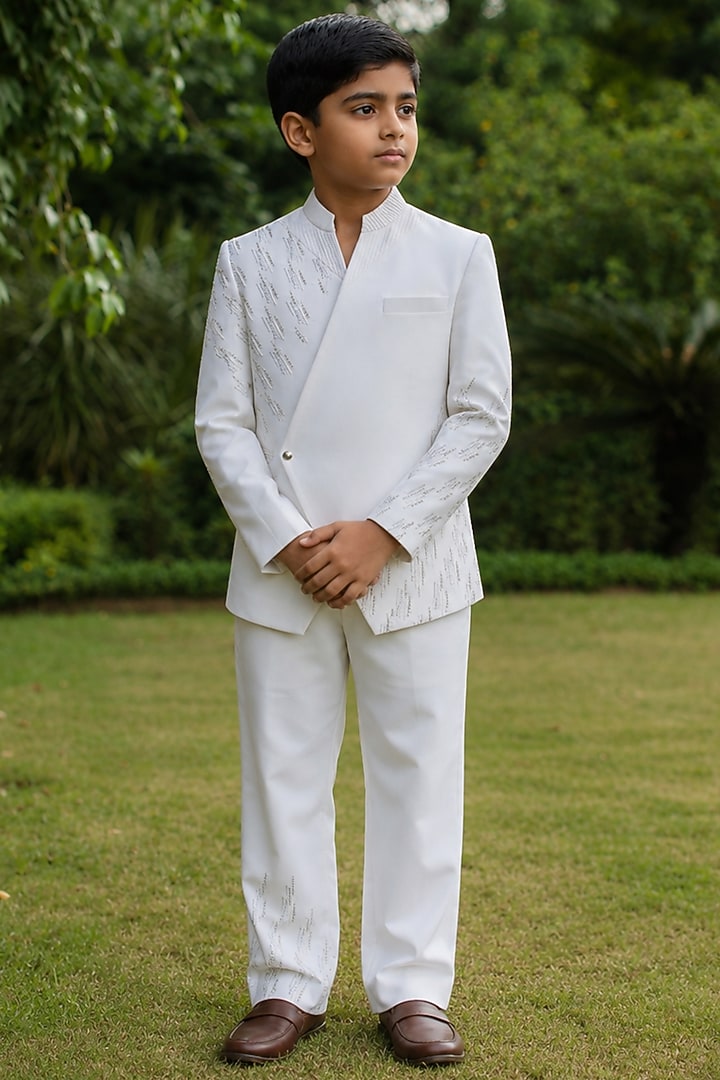 Off-White Wool Suiting Indowestern Set For Boys by Bohame Kids at Pernia's Pop Up Shop