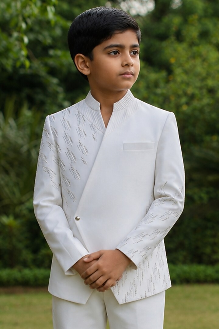 Off-White Wool Suiting Indowestern Set For Boys by Bohame Kids at Pernia's Pop Up Shop