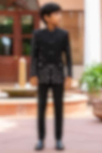 Black Wool Suiting Bandhgala Set For Boys by Bohame Kids at Pernia's Pop Up Shop