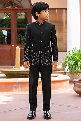 Black Wool Suiting Bandhgala Set For Boys by Bohame Kids