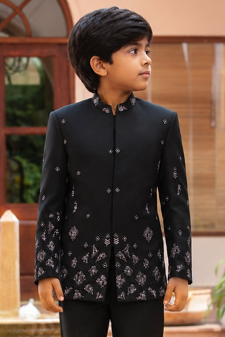 Black Wool Suiting Bandhgala Set For Boys by Bohame Kids at Pernia's Pop Up Shop