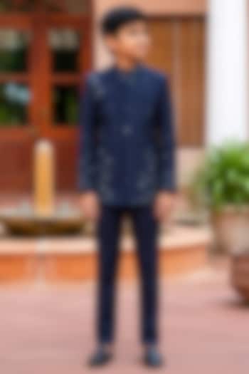 Navy Blue Wool Suiting Bandhgala Set For Boys by Bohame Kids at Pernia's Pop Up Shop