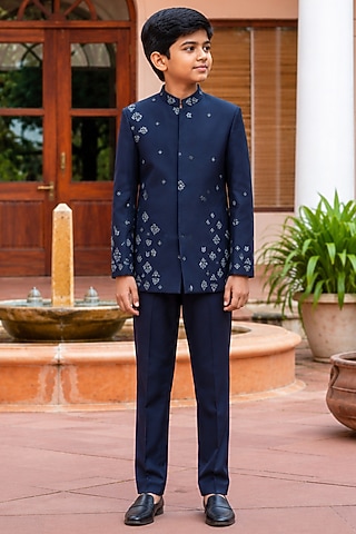 Navy Blue Wool Suiting Bandhgala Set For Boys by Bohame Kids