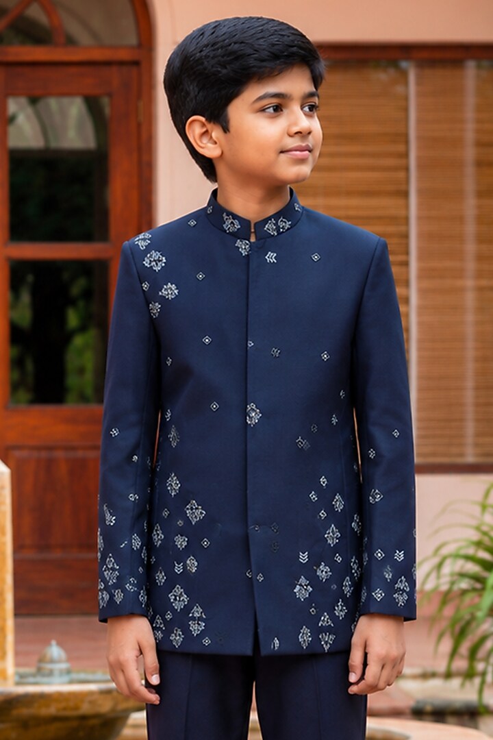 Navy Blue Wool Suiting Bandhgala Set For Boys by Bohame Kids at Pernia's Pop Up Shop
