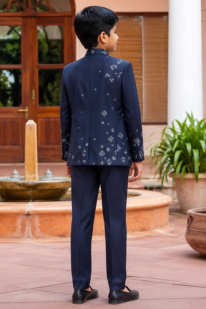 Navy Blue Wool Suiting Bandhgala Set For Boys by Bohame Kids at Pernia's Pop Up Shop