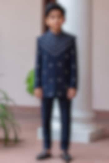 Navy Blue Wool Suiting Embroidered Bandhgala Set For Boys by Bohame Kids at Pernia's Pop Up Shop