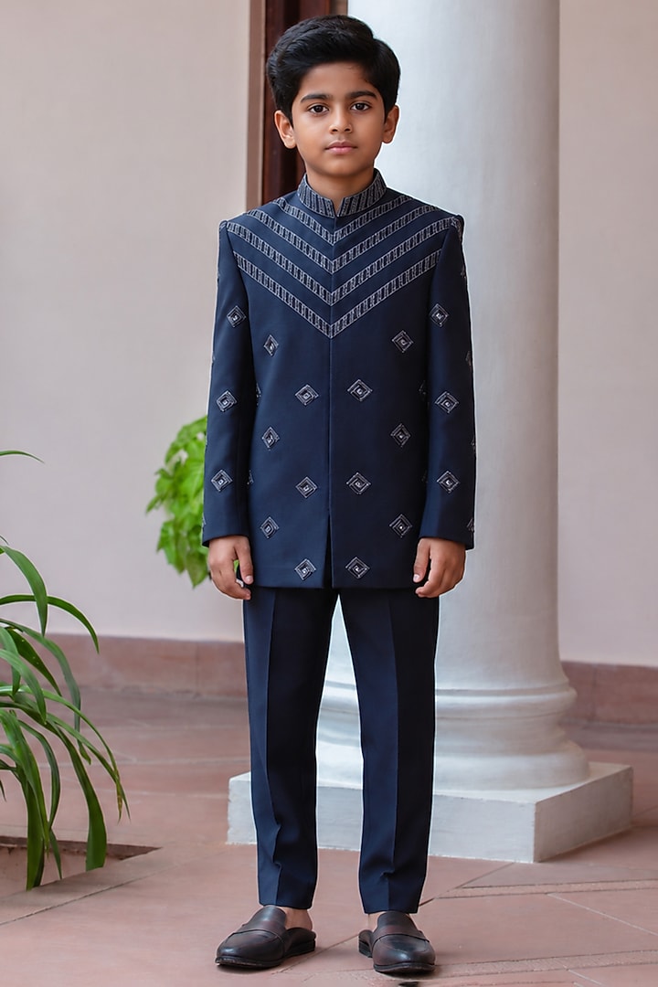 Navy Blue Wool Suiting Embroidered Bandhgala Set For Boys by Bohame Kids at Pernia's Pop Up Shop