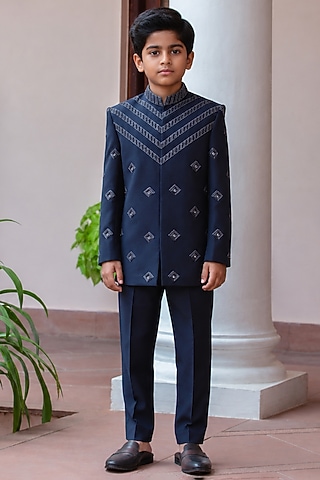 Navy Blue Wool Suiting Embroidered Bandhgala Set For Boys by Bohame Kids