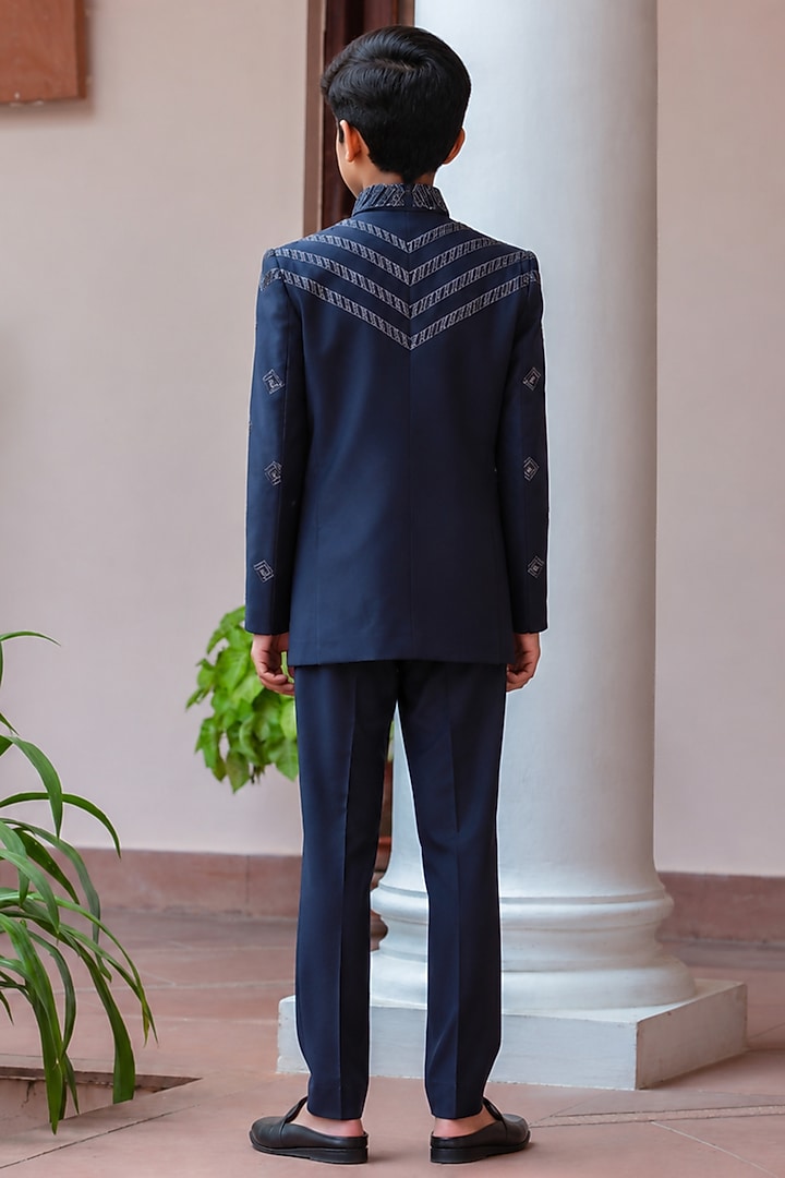 Navy Blue Wool Suiting Embroidered Bandhgala Set For Boys by Bohame Kids at Pernia's Pop Up Shop