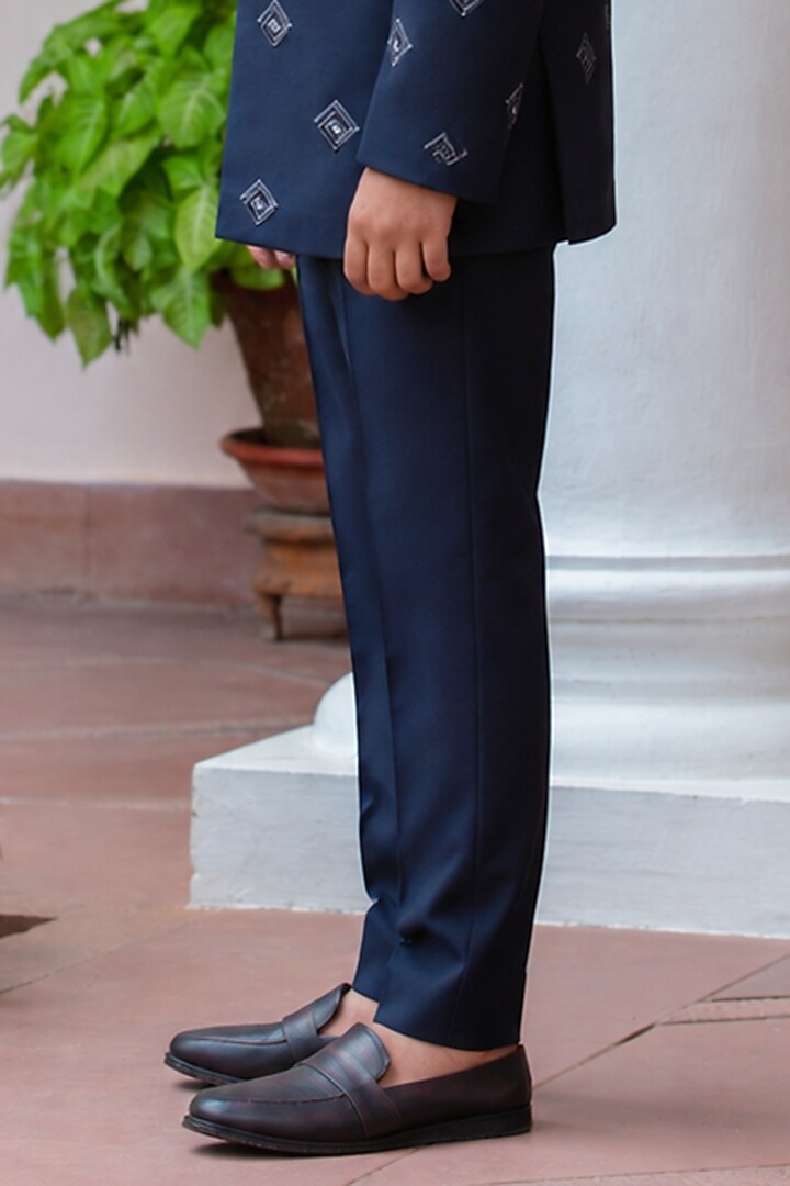 Navy Blue Wool Suiting Embroidered Bandhgala Set For Boys by Bohame Kids at Pernia's Pop Up Shop