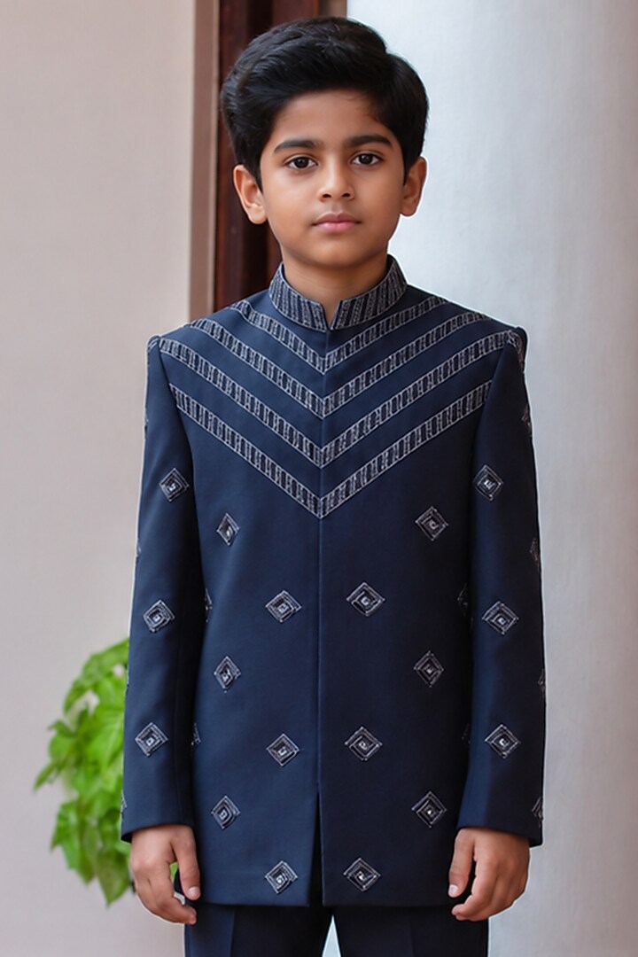 Navy Blue Wool Suiting Embroidered Bandhgala Set For Boys by Bohame Kids at Pernia's Pop Up Shop