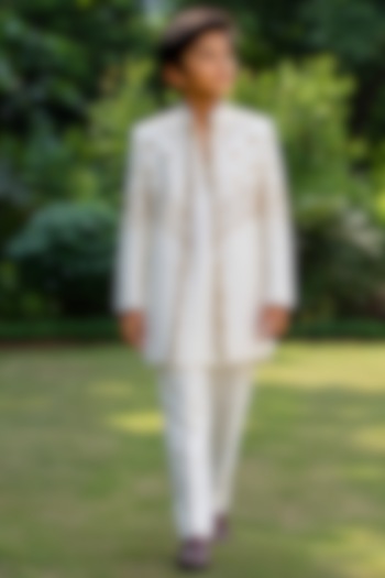 Off-White Tussar Indowestern Set For Boys by Bohame Kids at Pernia's Pop Up Shop