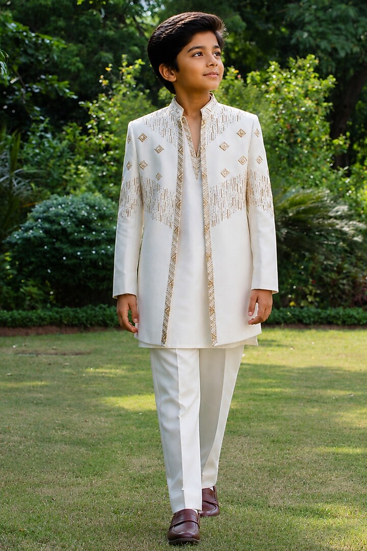 Off-White Tussar Indowestern Set For Boys by Bohame Kids at Pernia's Pop Up Shop
