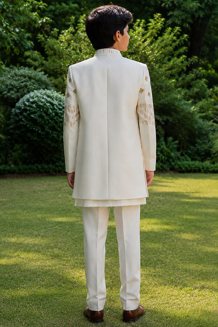 Off-White Tussar Indowestern Set For Boys by Bohame Kids at Pernia's Pop Up Shop