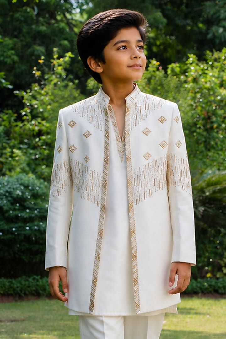 Off-White Tussar Indowestern Set For Boys by Bohame Kids at Pernia's Pop Up Shop