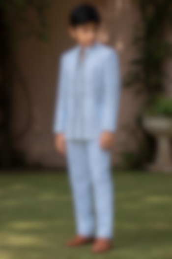 Light Blue Cotton Satin Embroidered Indowestern Set For Boys by Bohame Kids at Pernia's Pop Up Shop