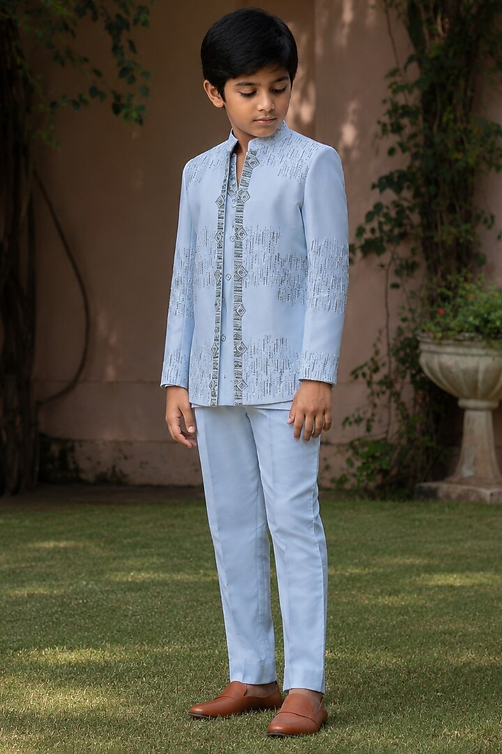 Light Blue Cotton Satin Embroidered Indowestern Set For Boys by Bohame Kids at Pernia's Pop Up Shop