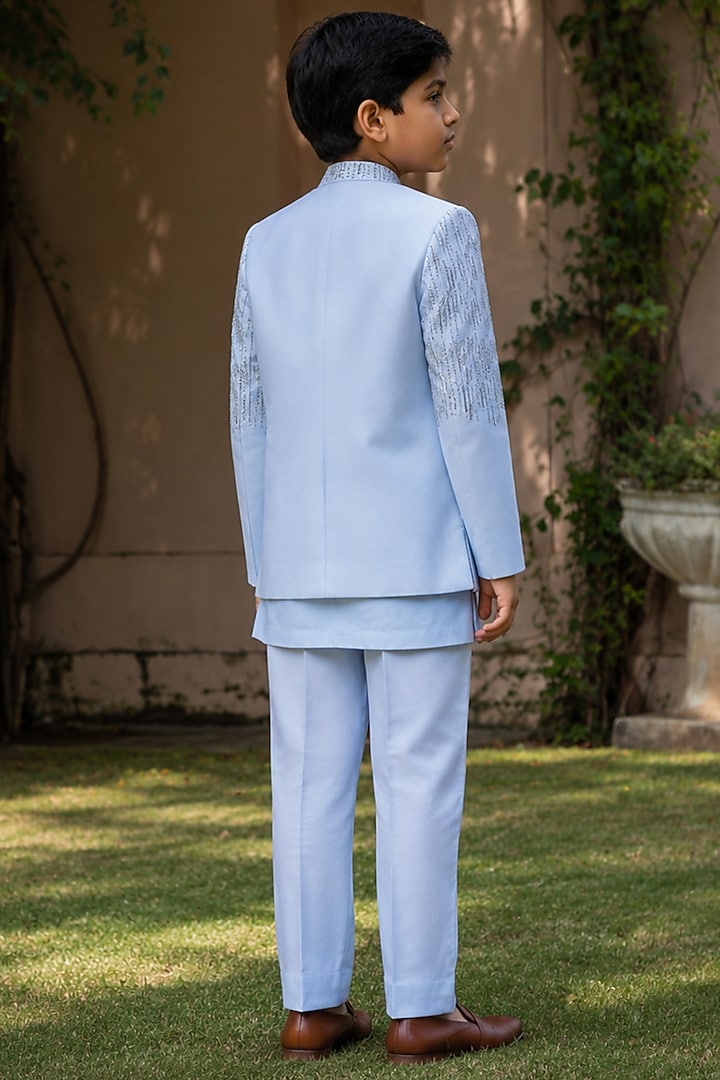 Light Blue Cotton Satin Embroidered Indowestern Set For Boys by Bohame Kids at Pernia's Pop Up Shop