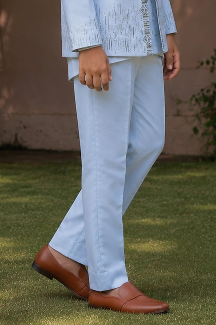 Light Blue Cotton Satin Embroidered Indowestern Set For Boys by Bohame Kids at Pernia's Pop Up Shop