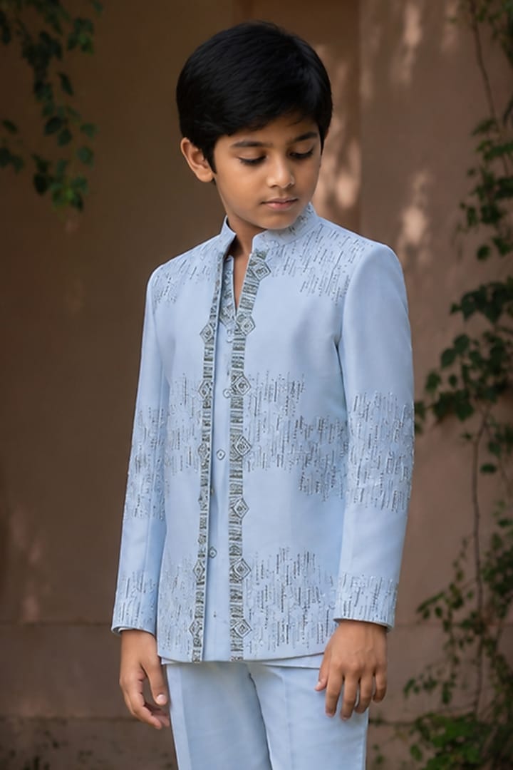 Light Blue Cotton Satin Embroidered Indowestern Set For Boys by Bohame Kids at Pernia's Pop Up Shop